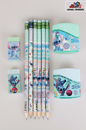 DEKOMUS İLE LİSANSLI STITCH 6 ADET SİLGİLİ KURŞUN KALEM,2 ADET SİLGİ VE2 ADET KALEMTRAŞ SETİ