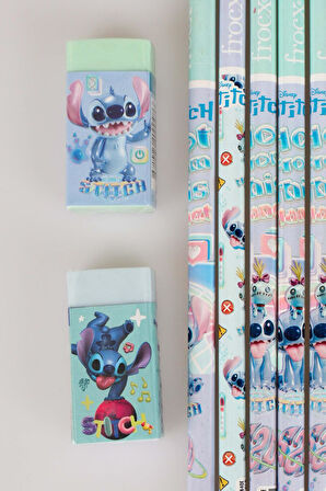 DEKOMUS İLE LİSANSLI STITCH 6 ADET SİLGİLİ KURŞUN KALEM,2 ADET SİLGİ VE2 ADET KALEMTRAŞ SETİ