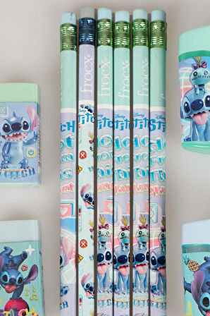 DEKOMUS İLE LİSANSLI STITCH 6 ADET SİLGİLİ KURŞUN KALEM,2 ADET SİLGİ VE2 ADET KALEMTRAŞ SETİ