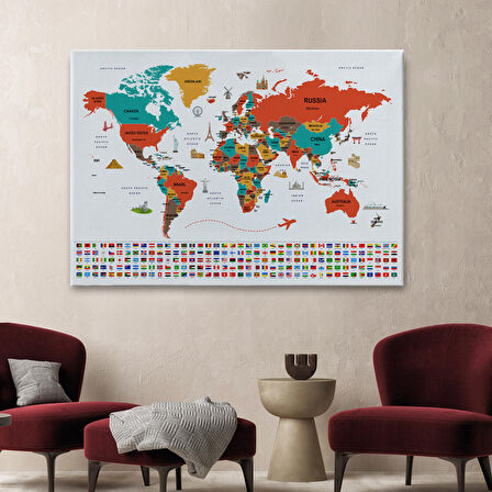 Harita Sepeti Dünya Haritası Ülke Bayraklı ve Başkentli Kanvas Tablo 1923