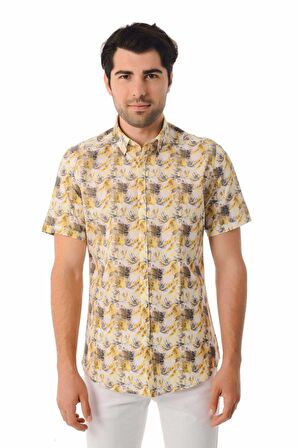 Baskılı Slim Fit Sarı Gömlek | S