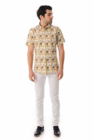Baskılı Slim Fit Sarı Gömlek | S