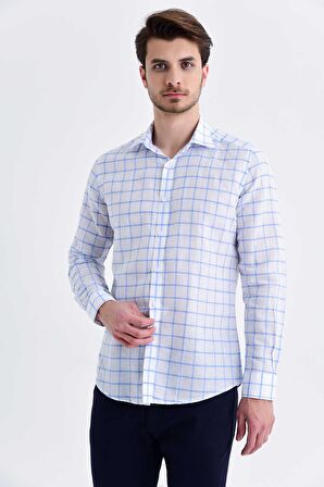Mavi Kareli Slim Fit Keten Gömlek | S