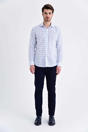 Mavi Kareli Slim Fit Keten Gömlek | S