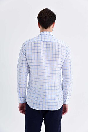 Mavi Kareli Slim Fit Keten Gömlek | S