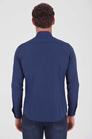 Desenli Slim Fit Lacivert Gömlek | XS