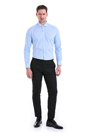 Mavi D.1 Desenli Slim Fit 100% Pamuk Açık İtalyan Yaka Uzun Kollu Gömlek