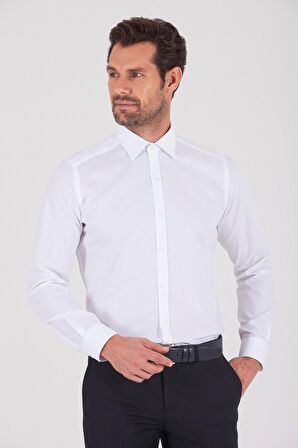 Erkek Beyaz Slim Fit Pamuklu Uzun Kollu Gömlek