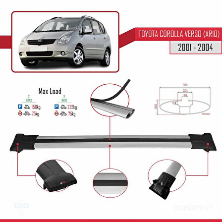 Toyota Corolla Verso (E120) 2001-2004 Arası ile Uyumlu FLY Model Ara Atkı Tavan Barı Gri 2 Adet