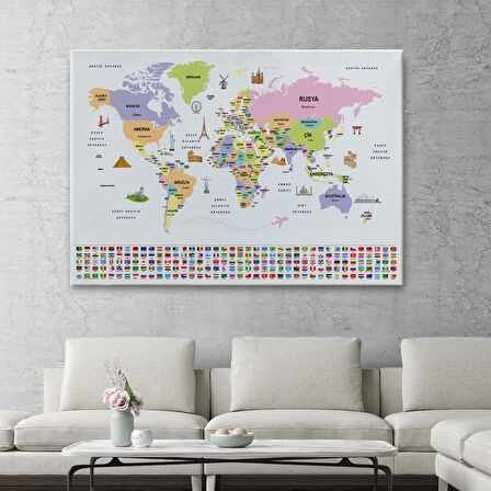 Harita Sepeti Türkçe Dünya Haritası Ülke Bayrak ve Başkentli Kanvas Tablo 1924