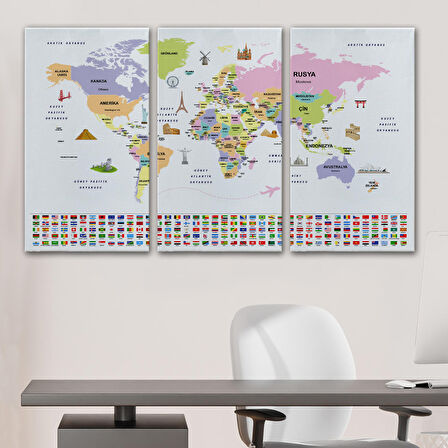 Harita Sepeti Türkçe Dünya Haritası Ülke Bayrak ve Başkentli Kanvas Tablo 1924