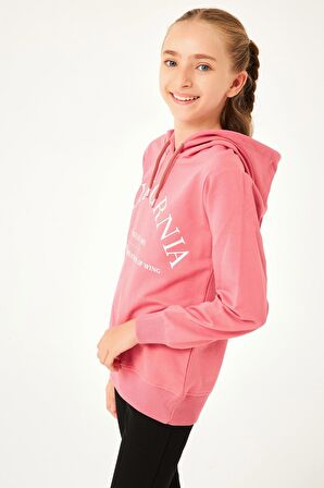 California Baskı Detaylı Kapüşonlu Kız Çocuk Sweatshirt Gül Kurusu