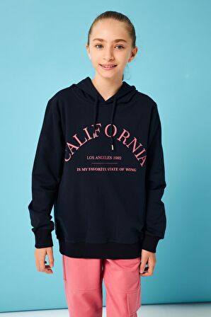 California Baskı Detaylı Kapüşonlu Kız Çocuk Sweatshirt Lacivert