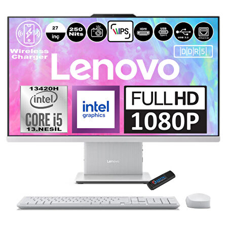 Lenovo Ideacentre Aıo 27IRH9 Intel Core I5-13420H Ddr5 64GB 2tb SSD Intel UHD Graphics 27 Inç Fhd IPS Windows 11 Home Beyaz All In One Bilgisayar F0HM0045TRH16 + Zetta Flash Bellek