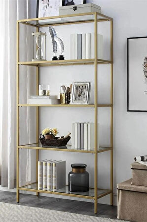 Modern 5 Katlı Gold Renk Metal İskeletli Şeffaf Cam Raflı Aksesuar Rafı Kitaplık