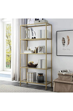 Modern 5 Katlı Gold Renk Metal İskeletli Şeffaf Cam Raflı Aksesuar Rafı Kitaplık