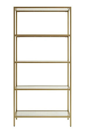 Modern 5 Katlı Gold Renk Metal İskeletli Şeffaf Cam Raflı Aksesuar Rafı Kitaplık