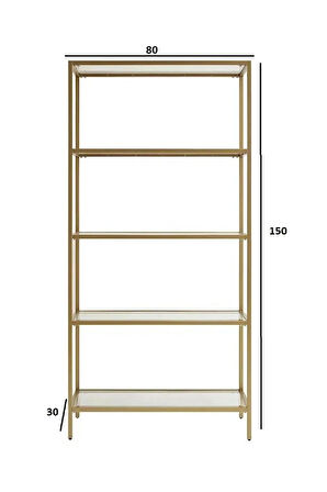 Modern 5 Katlı Gold Renk Metal İskeletli Şeffaf Cam Raflı Aksesuar Rafı Kitaplık