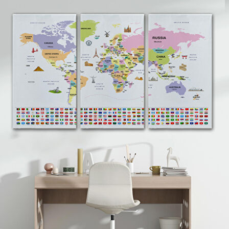 Harita Sepeti Dünya Haritası Ülke Bayraklı ve Başkentli Kanvas Tablo 1925