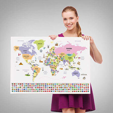 Harita Sepeti Dünya Haritası Ülke Bayraklı ve Başkentli Kanvas Tablo 1925