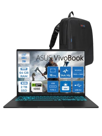 Asus Vivobook 16 V3607VU Intel Core 5 210H 64GB 2tb SSD RTX4050 6gb Freedos 16" Wuxga 144HZ 300NITS Taşınabilir Bilgisayar RP276F18 + Zetta Çanta