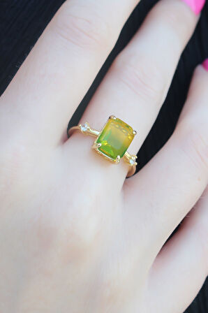 Gold Renk Renkli Zirkon Taşlı Pirinç Kadın Yüzük