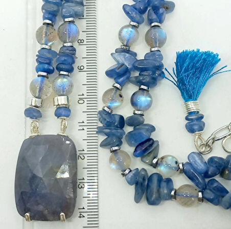 1926 Kök Safir Kyanit Labrdorit el yapımı kolye