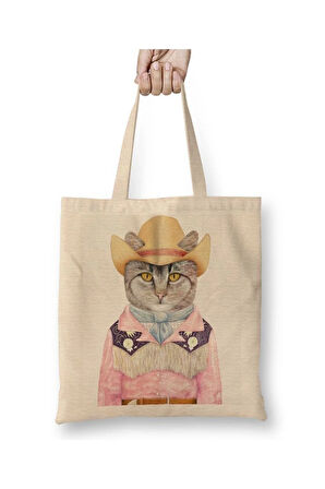 Süslü Kedi Cats Bez Çanta Uzun Saplı Alışveriş Çantası Plaj Çantası