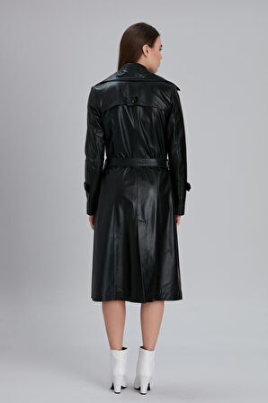 Kadın Hakiki Deri Kemerli Kruvaze Yaka Trençkot