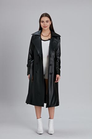 Kadın Hakiki Deri Kemerli Kruvaze Yaka Trençkot