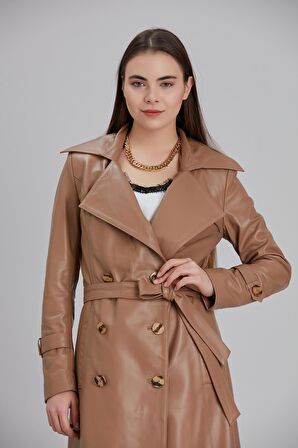 Kadın Hakiki Deri Kemerli Kruvaze Yaka Trençkot