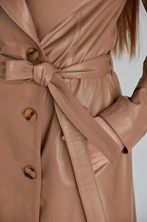 Kadın Hakiki Deri Kemerli Kruvaze Yaka Trençkot