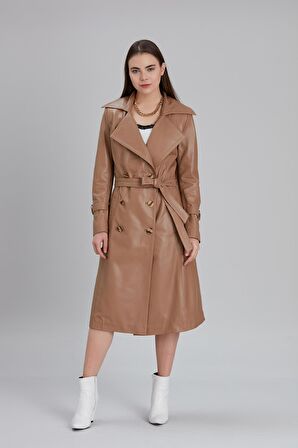 Kadın Hakiki Deri Kemerli Kruvaze Yaka Trençkot