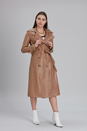 Kadın Hakiki Deri Kemerli Kruvaze Yaka Trençkot