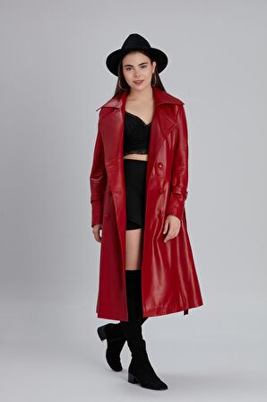 Kadın Hakiki Deri Kemerli Kruvaze Yaka Trençkot