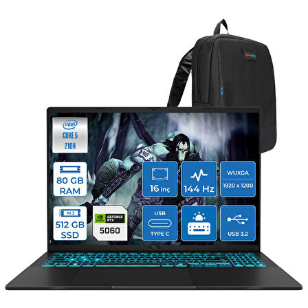Asus Vivobook 16 V3607VM Intel Core 5 210H 80GB Ddr5 512GB SSD RTX5060 Gddr7 8gb Freedos 16" WUXGA(1920X1200) 144HZ 300NITS Taşınabilir Bilgisayar RP049F32 + Zetta Çanta