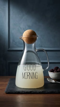 Good Morning Yazılı Mantar Kapaklı Cam Sürahi 1500ML – Şeffaf Kulplu Su ve İçecek Sürahisi | MT-010