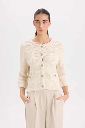 DeFacto Regular Fit Bisiklet Yaka Dokulu Düğmeli Triko Hırka D3304AX24WNER105