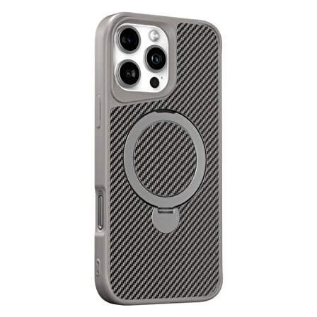Gpack Apple iPhone 16 Pro Max Kılıf Karbon Fiber Magsafeli Standlı Alp Kapak