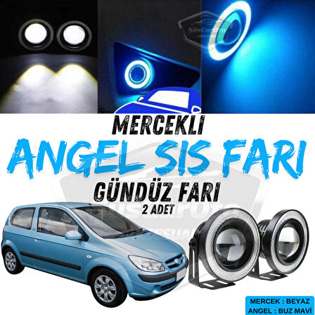 Hyundai Getz 2002–2011 Uyumlu Üniversal Mercekli Angel Sis Farı Metal Su Geçirmez 76 mm Buz Mavi Halkalı Gündüz Farı Angel Eyes 2 Adet