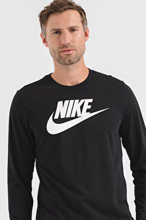 Nike Sportswear Clup Icon Futura Erkek Siyah Pamuklu Kumaş Uzun Kollu T-Shirt