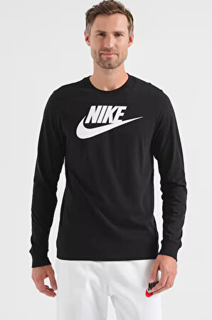 Nike Sportswear Clup Icon Futura Erkek Siyah Pamuklu Kumaş Uzun Kollu T-Shirt