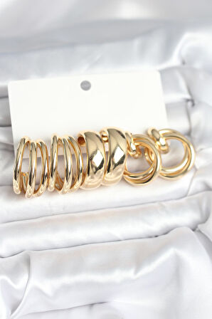 Pirinç Gold Renk 3 Çift Vintage Kadın Küpe Seti