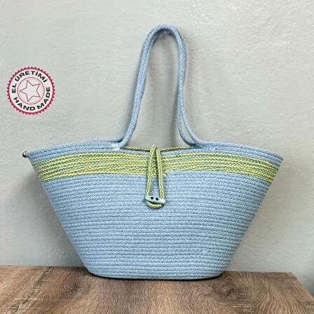 Uretti - Nuran 9092 El Yapımı Tress İp Plaj Çanta 25cm - Mavi