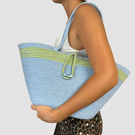 Uretti - Nuran 9092 El Yapımı Tress İp Plaj Çanta 25cm - Mavi