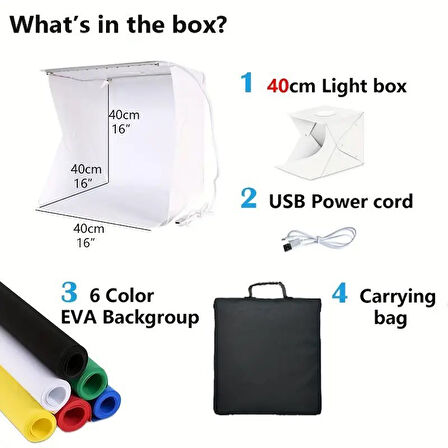 Miracle Omni® Katlanır Işıklı Fotoğraf Stüdyosu 40x40 cm 6 Renk Fonlu Ürün Çekimi İçin Uygun Fotoğraf Çekim Kutusu