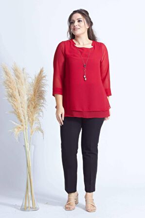 1934 Kolyeli Şifon Büyük Beden Şık Bluz Kırmızı