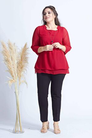 1934 Kolyeli Şifon Büyük Beden Şık Bluz Kırmızı