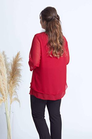1934 Kolyeli Şifon Büyük Beden Şık Bluz Kırmızı