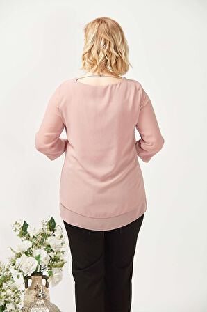 1934 Kolyeli Şifon Büyük Beden Şık Bluz Somon